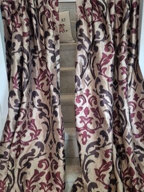 Decorative Damask Curtain Panel Pair in Cream, Burgundy & Brown 48x60 (96x60)